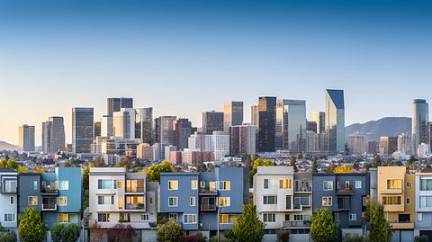 A portfolio of multifamily properties in a city skyline, emphasizing the size and scale of the company's real estate investments.