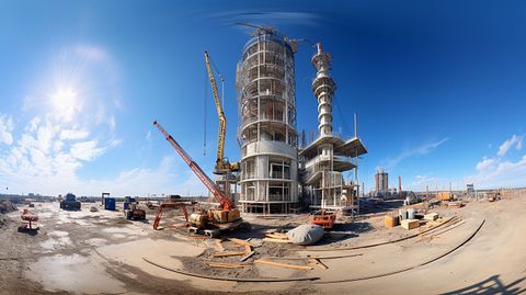 A 360 degree view of a partially constructed tower, featuring various pieces of equipment and constructionmaterials.