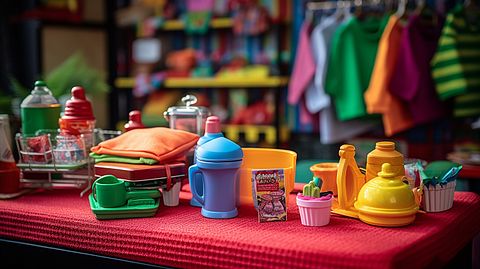 Close-up of items from the restaurant apparel and toys in a vibrant display.