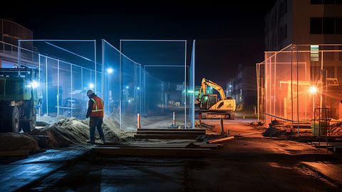 A construction site at night with long exposure illuminating specialty materials and trench shields.