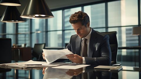 A businessman negotiating a deal in a modern sleek office.