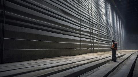 An engineer inspecting a complex set of prestressed concrete strands inside a factory.
