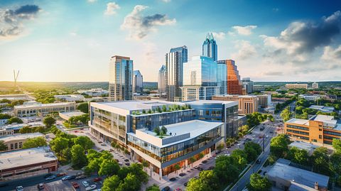 Aerial view of a vibrant downtown skyline of an urban landscape with a AAA innovation cluster office building.