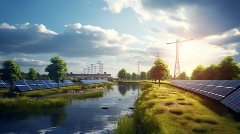 A renewable energy source such as solar, wind or hydropower being installed in an industrial setting.