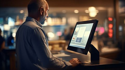 A customer interacting with a point-of-sale terminal, demonstrating the impact of targeted loyalty marketing.