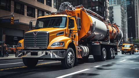 A long, winding concrete pump truck navigating a busy city street.