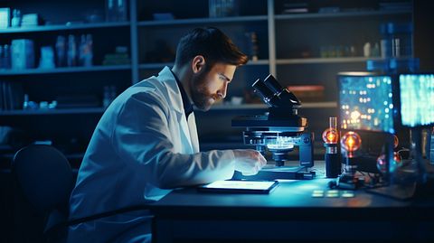 A scientist working with a microscope in a laboratory, using the companys life science platform.