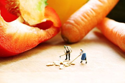 business, carrot, close up, cook, cucumber, dish, doll, figure, food, foodstuff, hood, macro, midget, model, one, onion, pepper, powder, seed, small, tomatoes, vegetable, wood, wooden - tiny dolls cooking vegetables