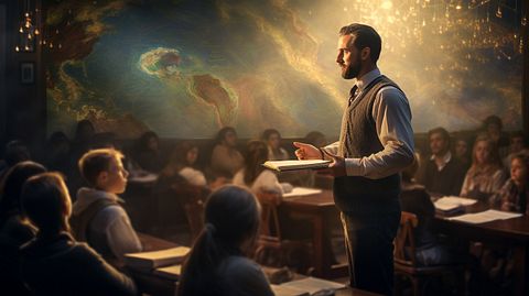 A teacher giving a lecture in a classroom illuminated by a bright light of knowledge. 