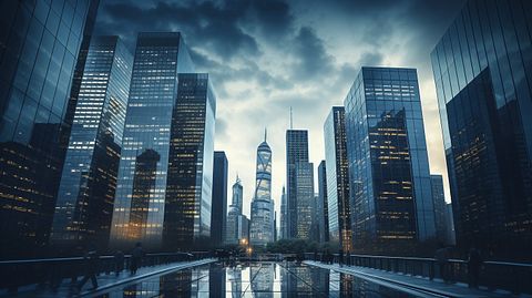 A high-rise building in an urban cityscape, representing the company's reach to global markets.