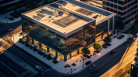 An aerial view of a REIT operated commercial building.