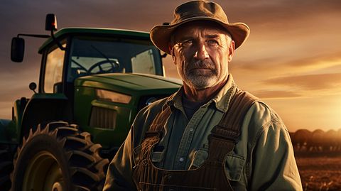 A farmer surrounded by a field of crops, his tractor parked in the background.