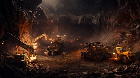 An underground mine filled with heavy machinery digging up valuable minerals.