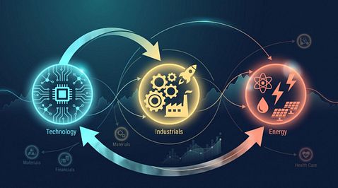 Sector rotation and thematic investing concept across technology and energy markets 