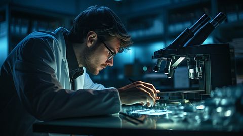 A photograph of a technician using a microscope to examine a photonic device.