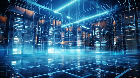 A futuristic multi-server data center, symbolizing the advanced multicloud services.