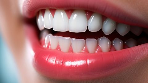 A close-up of a patient's mouth, the dental products from the company in view.