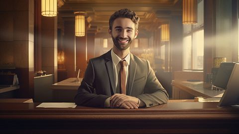 A bank teller handling personal deposits with a smile at the counter.