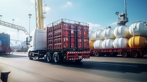 A truck filled with barrels of polymers and resins leaving a chemical production plant.