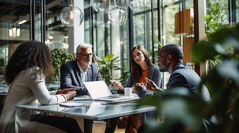 A group of multi-cultural professionals discussing the future of insurance services in a modern office.