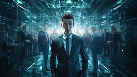 A businessperson in a technology center, surrounded by software engineers.