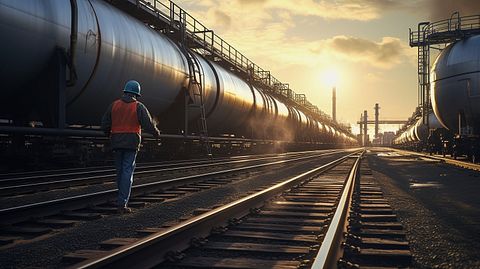 A worker measuring crude oil inside a rail tank car.