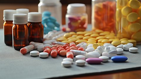 A close-up shot of various types of medicines on a table, illustrating the specialty and generic products offered by the pharmaceutical company.