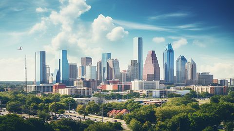 A skyline view of a bustling city, representing the company's presence in the real estate market.