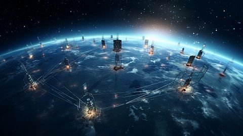 A satellite array in Earth's orbit, showing the vast scope of the company's space-based solutions.