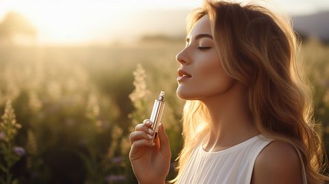 A woman using a medical inhaler, showcasing the benefits of medicinal products for health.
