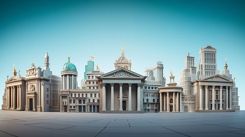 A panoramic view of a financial institution, representing the number of corporations who trust the company's services.