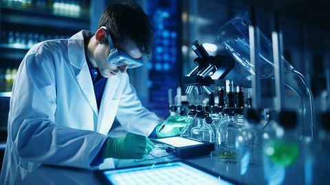 A biomedical scientist in a lab coat conducting research on biopharmaceutical compounds.