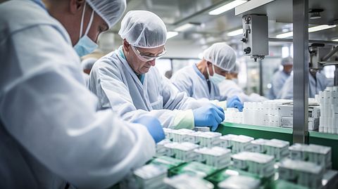 A manufacturer packaging eyecare products in a factory.