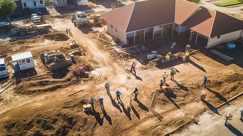 Aerial view of a real estate development site with workers on the ground.