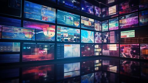 A closeup of a digital newsroom, highlighting the complexity of the modern media landscape.