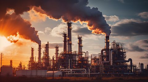 A refinery with billowing smokestacks and piping infrastructure, symbolizing the company's production capabilities in ethylene, propylene, and crude butadiene.