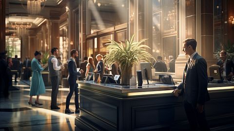 The lobby of a busy hotel, with guests checking in and a staff member welcoming them.