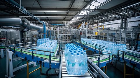 A huge plastic bottle manufacturing facility, showcasing the company's proprietary processes for plastic packaging.
