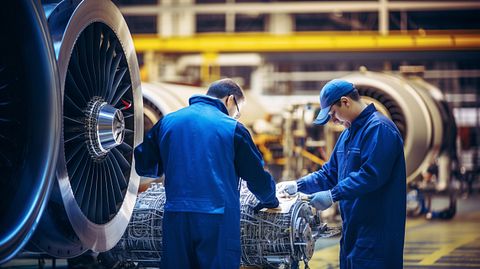 Engineers examining stress tests of an aircraft engine, working to make sure its ready for flight.