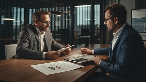 A financial advisor demonstrating a product to a corporate client in an office.