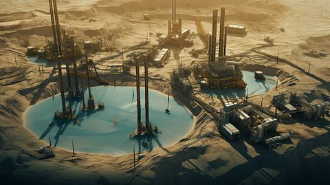 Aerial view of oil & gas drilling rigs in a an underground reservoir.