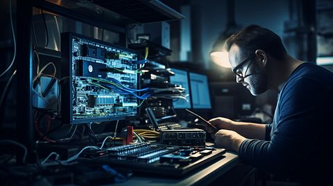A technician programming a router in an industrial setting, hinting the company's telecom solutions.