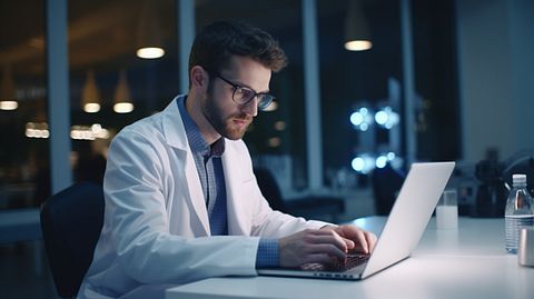A scientist in a white lab coat carefully studying data on a laptop computer.