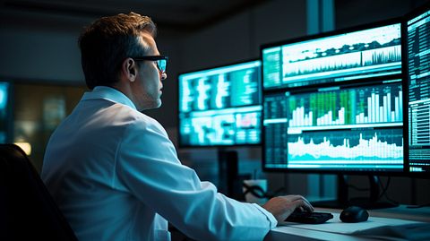 A research scientist in a lab coat examining data on a computer screen demonstrating the trials and development of new drugs for CNS diseases.
