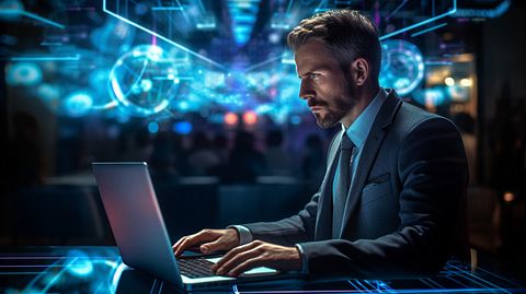 A technology executive in front of a laptop, illustrating the company's digital capabilities.