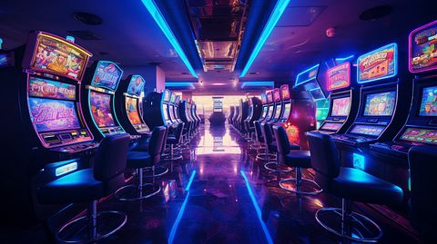 An interior shot of a gaming operators facility, gaming machines reflecting the lights.