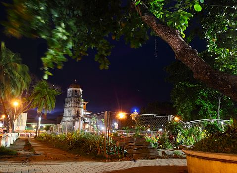 tree, tower, street, brick, town, stone, tropical, green, philippines, province, night, light, twilight, traditional, asia, historic, heritage, garden, architecture, sunset, lush,