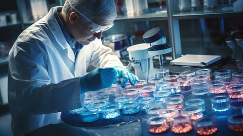 A doctor in a lab coat working on a petri dish containing gene-edited T-cells.