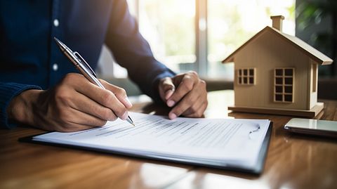 A homebuyer signing a stack of paperwork with a title insurance representative.