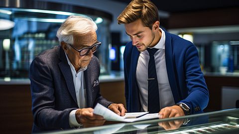 A banker helping an elderly customer understand the finer details of a deposit product.
